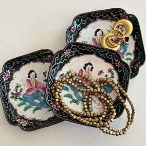 Chinese Canton Enamelware. Hand painted enamel copper trinket trays